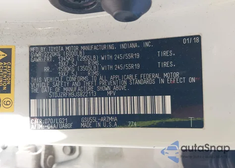 2018 Toyota Highlander Se from USA, damaged, VIN 5TDJZRFH9JS822113